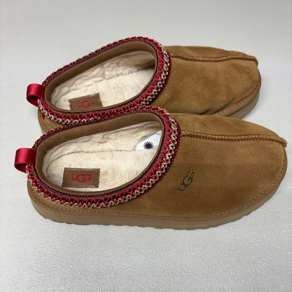 UGG Tan Suede Slippers with Red Accents